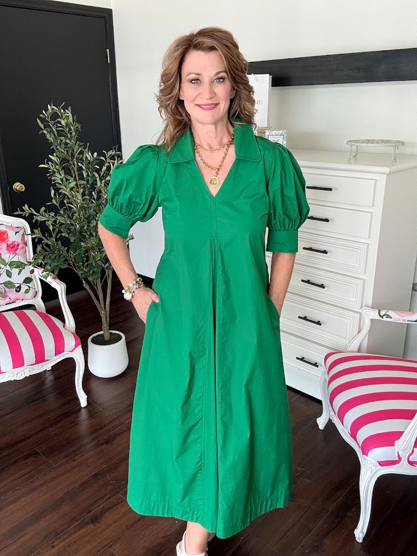 V-Neck Pleated A-Line Dress-Grass Green