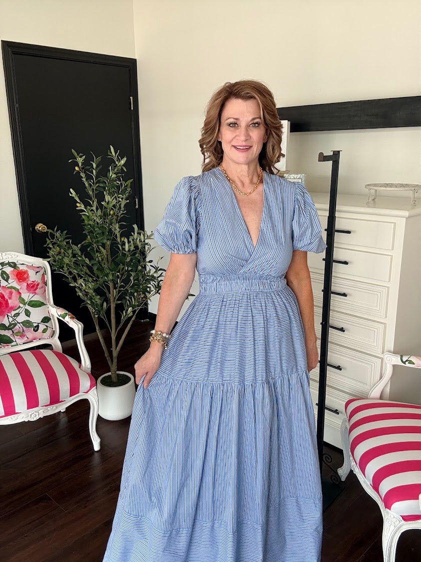 Striped Puffed Sleeve Tiered Maxi Dress-Light Blue