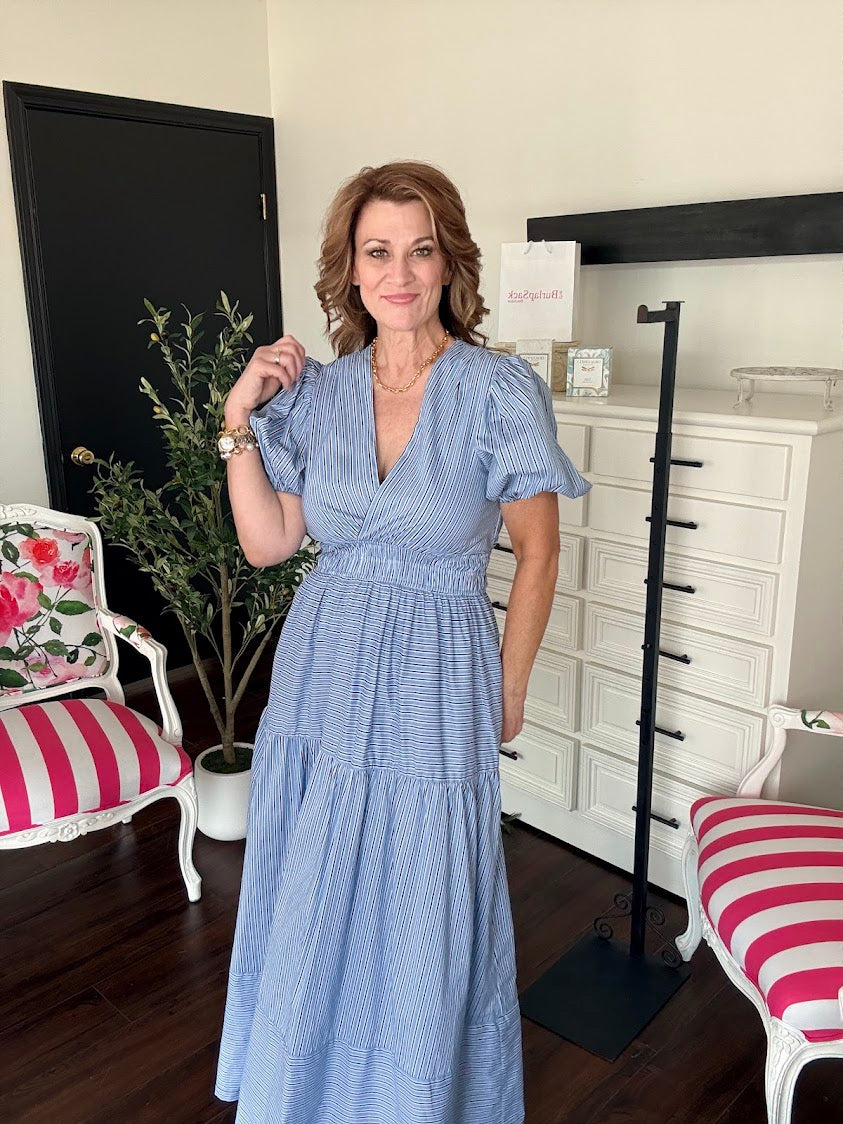 Striped Puffed Sleeve Tiered Maxi Dress-Light Blue
