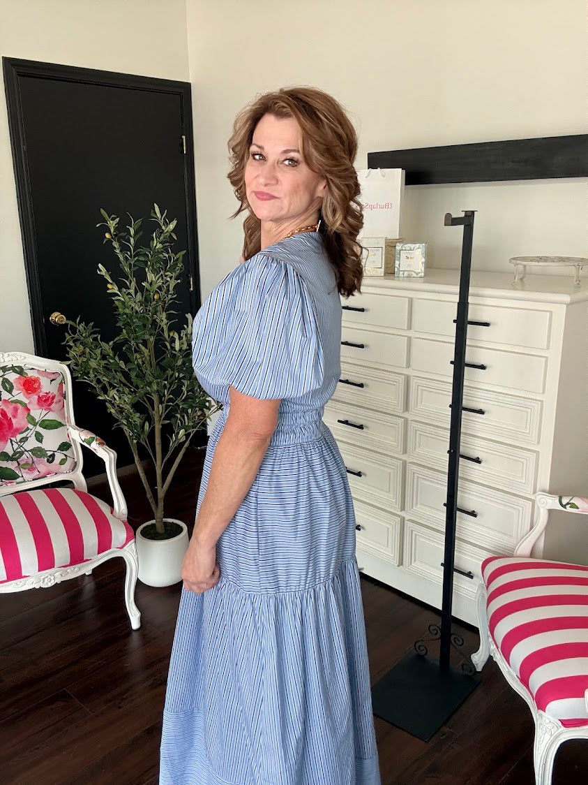Striped Puffed Sleeve Tiered Maxi Dress-Light Blue