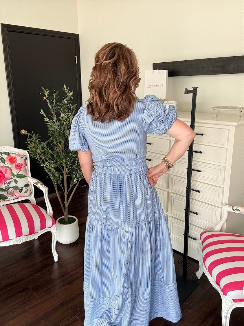 Striped Puffed Sleeve Tiered Maxi Dress-Light Blue
