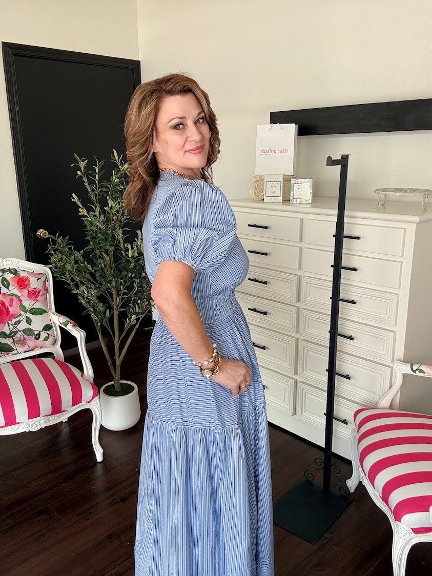 Striped Puffed Sleeve Tiered Maxi Dress-Light Blue