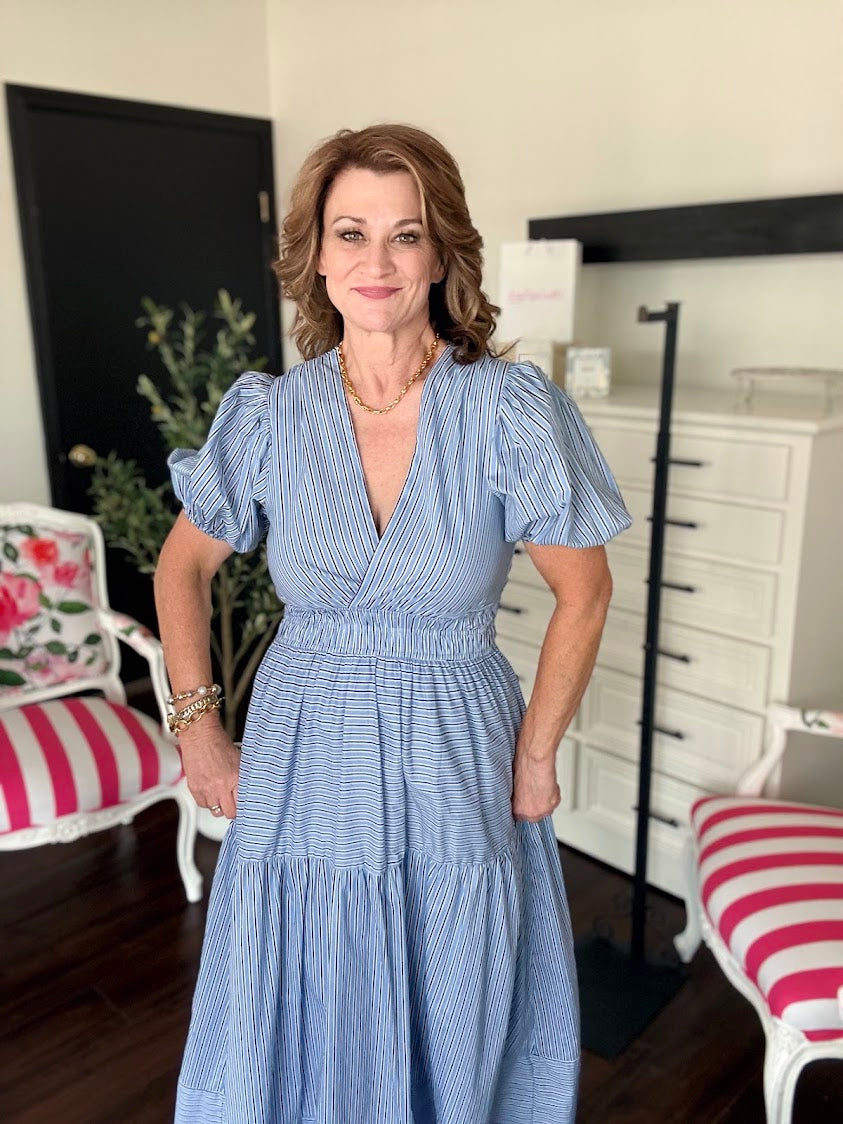 Striped Puffed Sleeve Tiered Maxi Dress-Light Blue