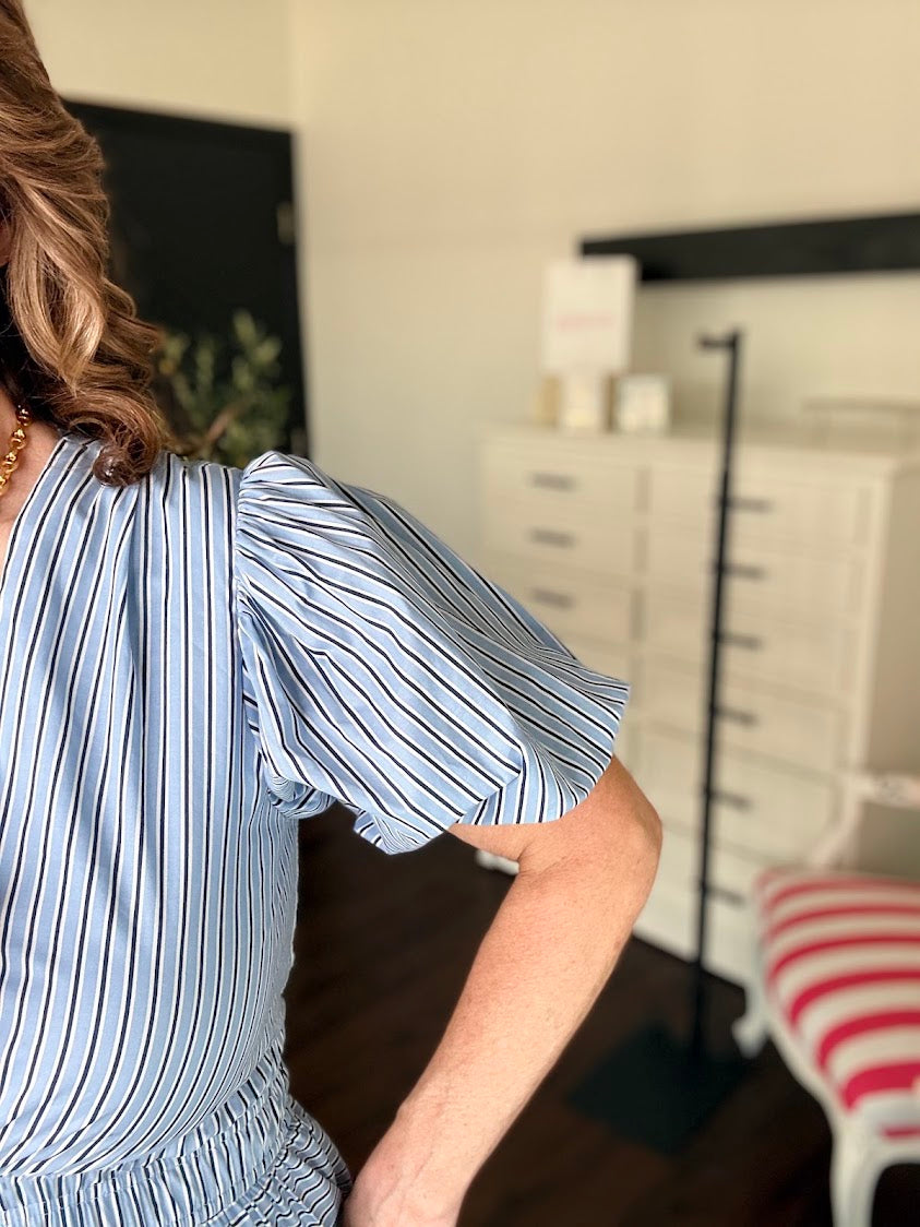 Striped Puffed Sleeve Tiered Maxi Dress-Light Blue