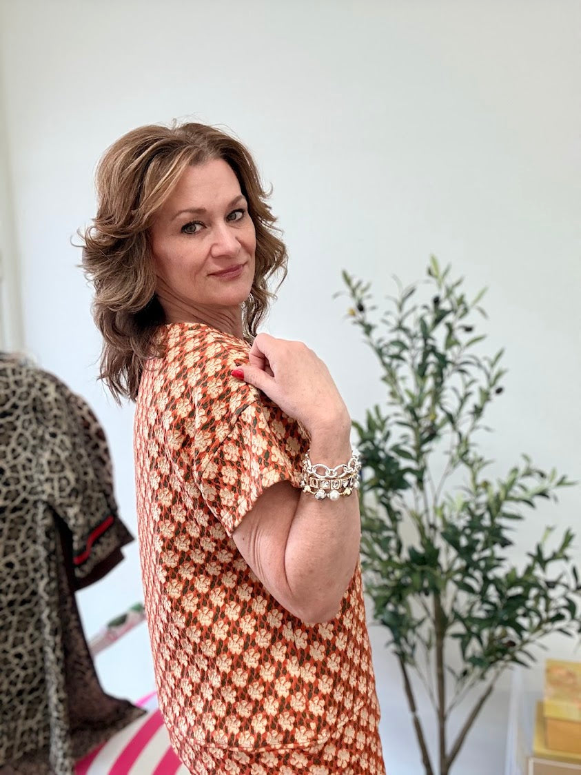 Jacquard Short Sleeve Top-Rust