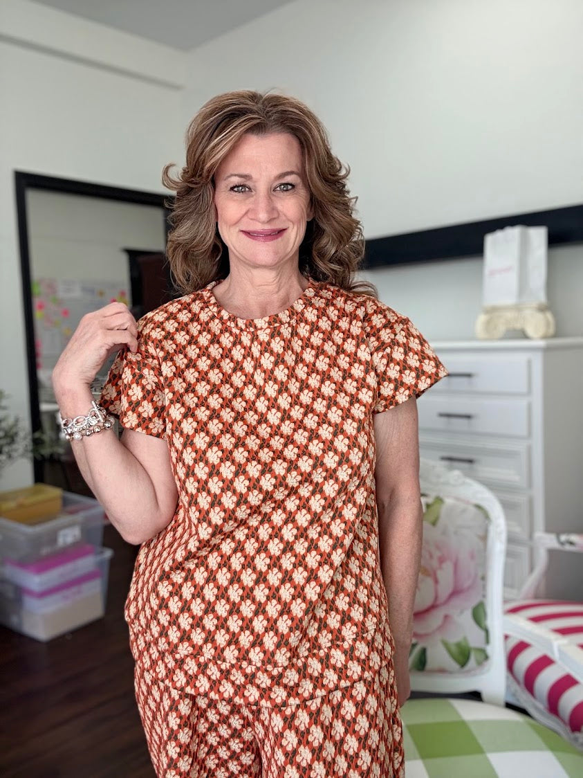 Jacquard Short Sleeve Top-Rust