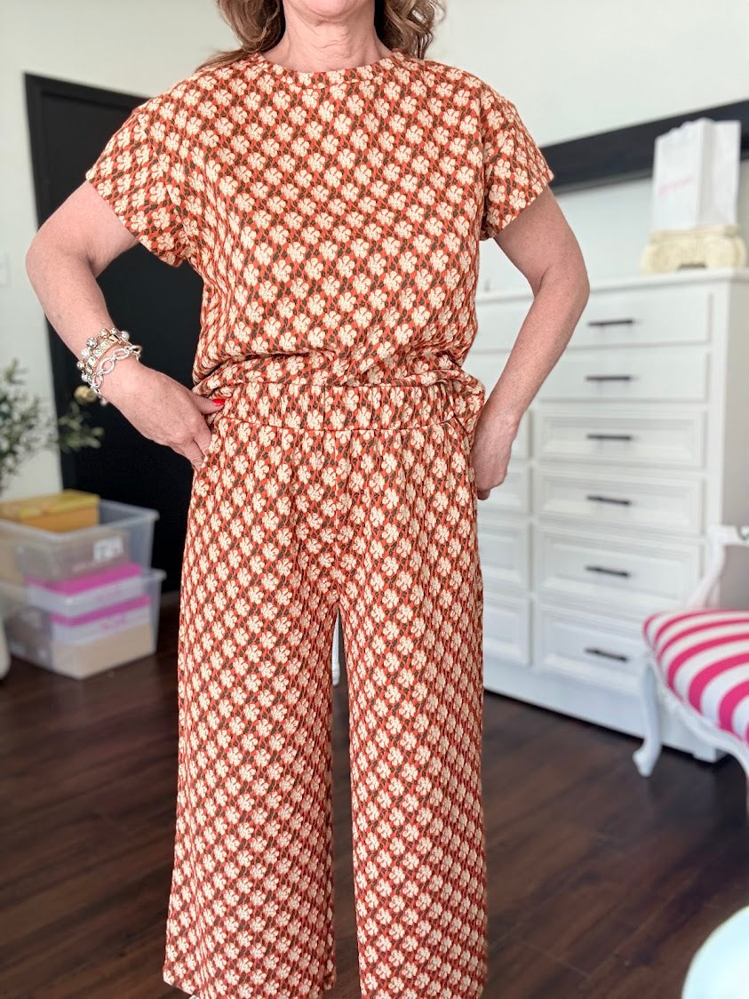 Jacquard Short Sleeve Top-Rust
