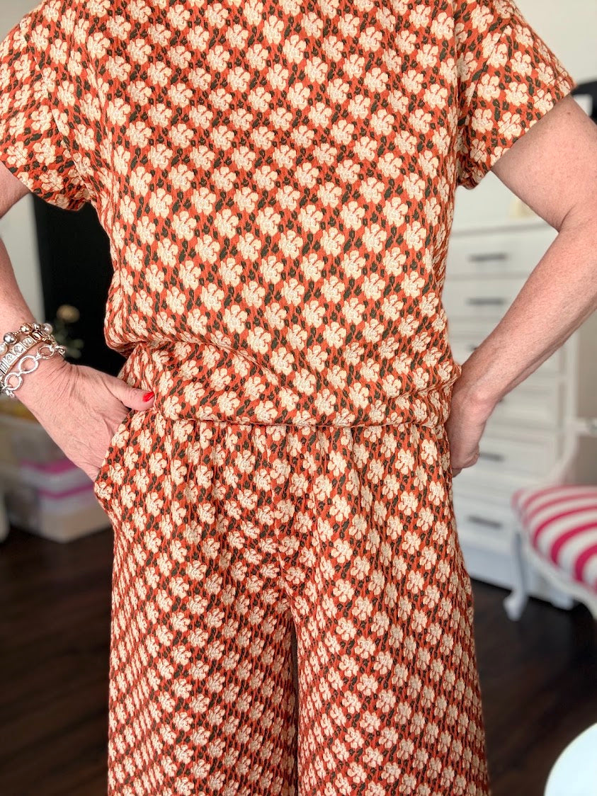 Jacquard Short Sleeve Top-Rust