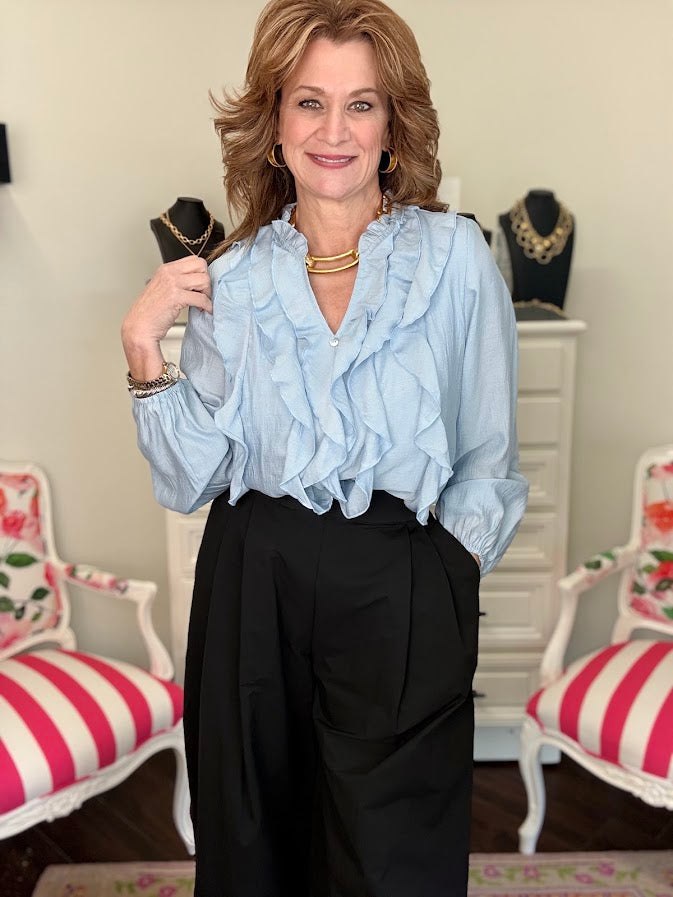 Daphne Draped Ruffle Blouse-Denim