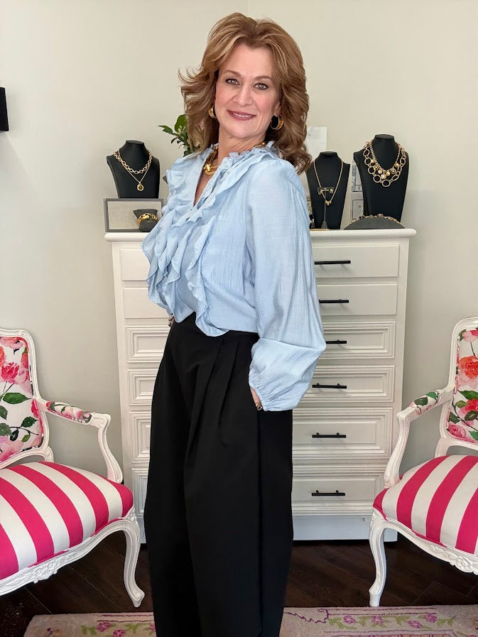 Daphne Draped Ruffle Blouse-Denim