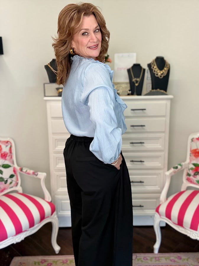 Daphne Draped Ruffle Blouse-Denim