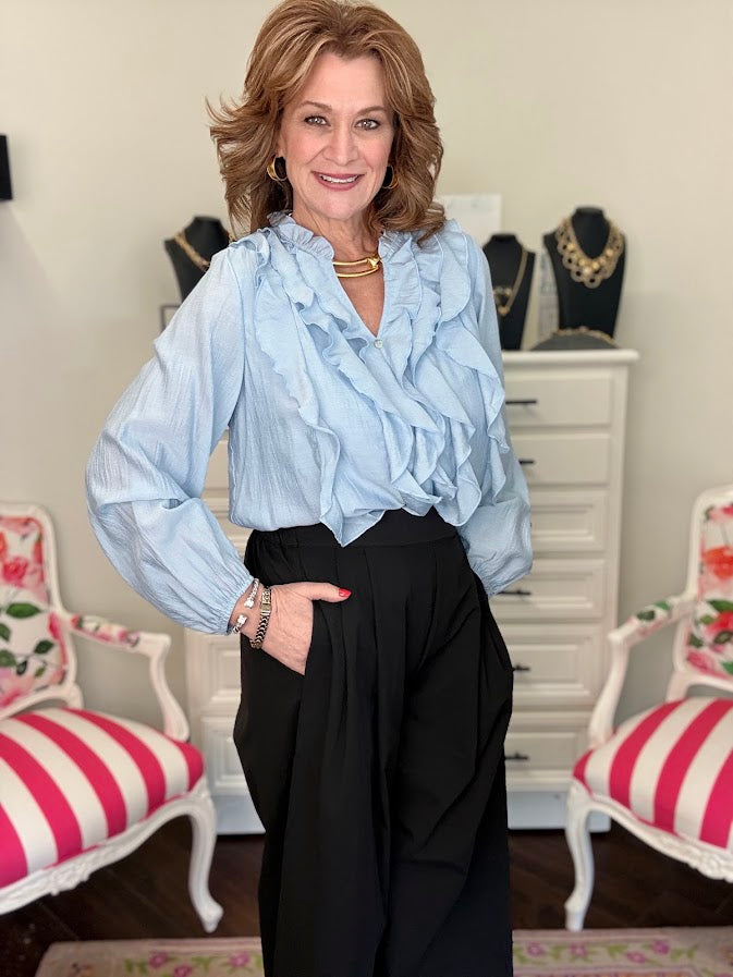 Daphne Draped Ruffle Blouse-Denim