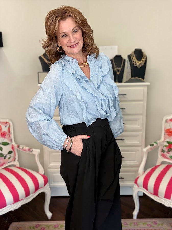 Daphne Draped Ruffle Blouse-Denim
