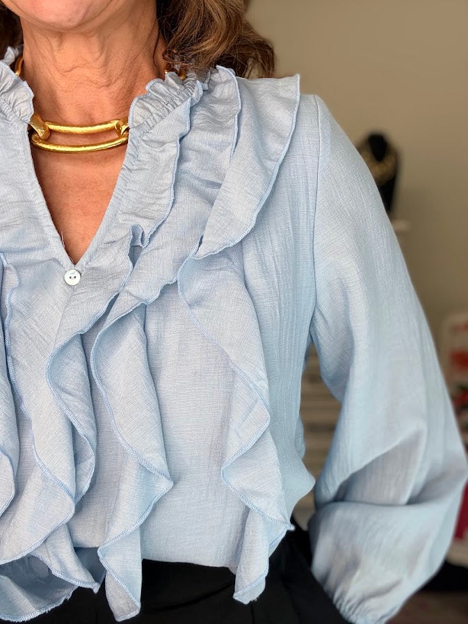 Daphne Draped Ruffle Blouse-Denim