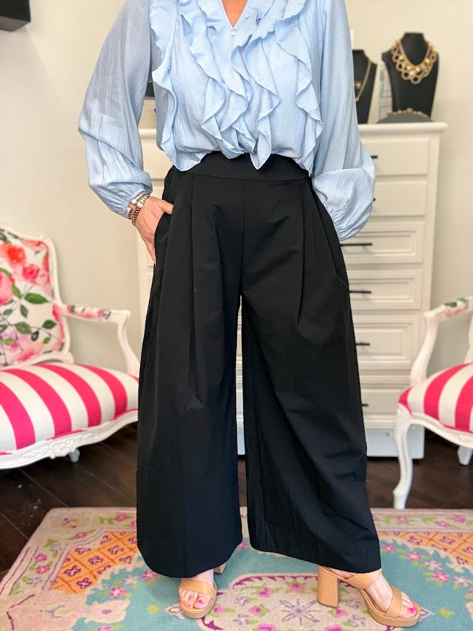 Sandy Poplin Wide Leg Pants- Black