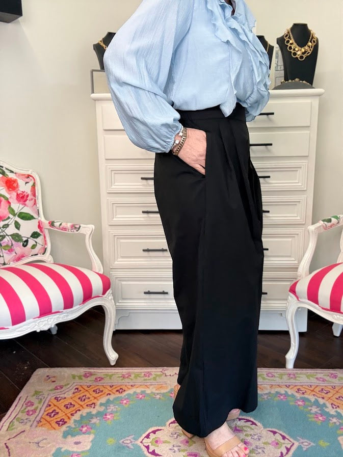 Sandy Poplin Wide Leg Pants- Black
