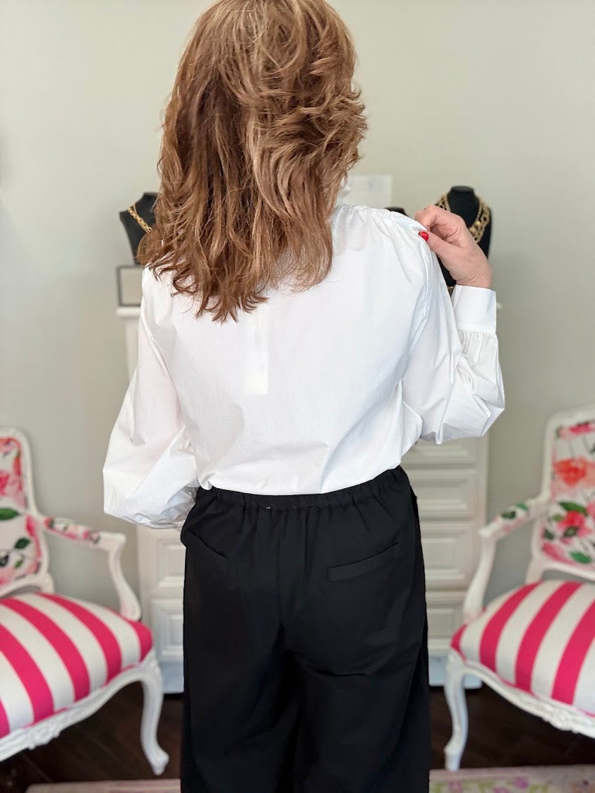 Ruffled High Neck Button Down Shirt-Off White