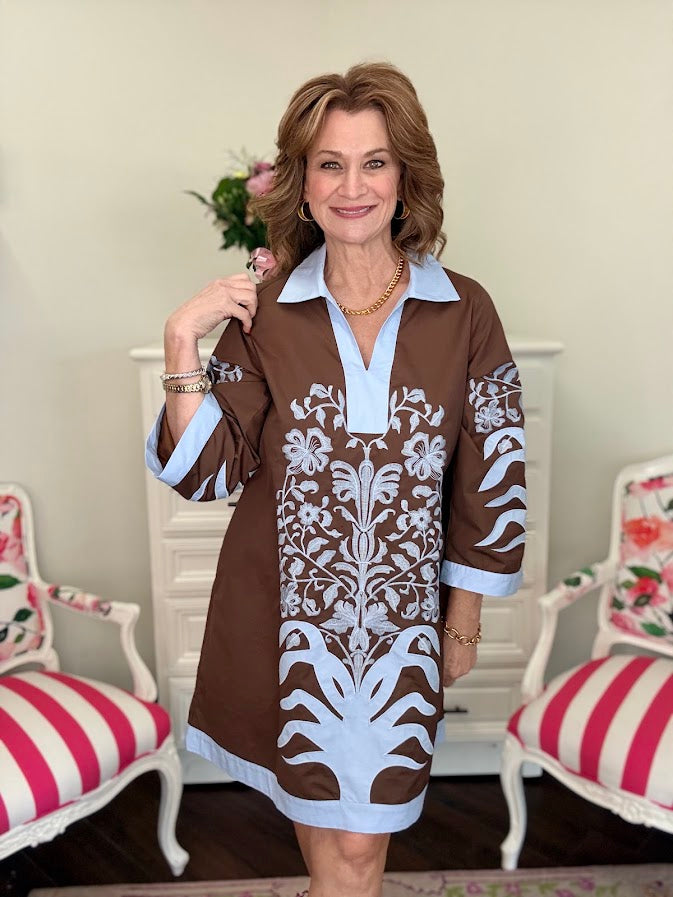 Breanna Baroque Floral Dress-Brown