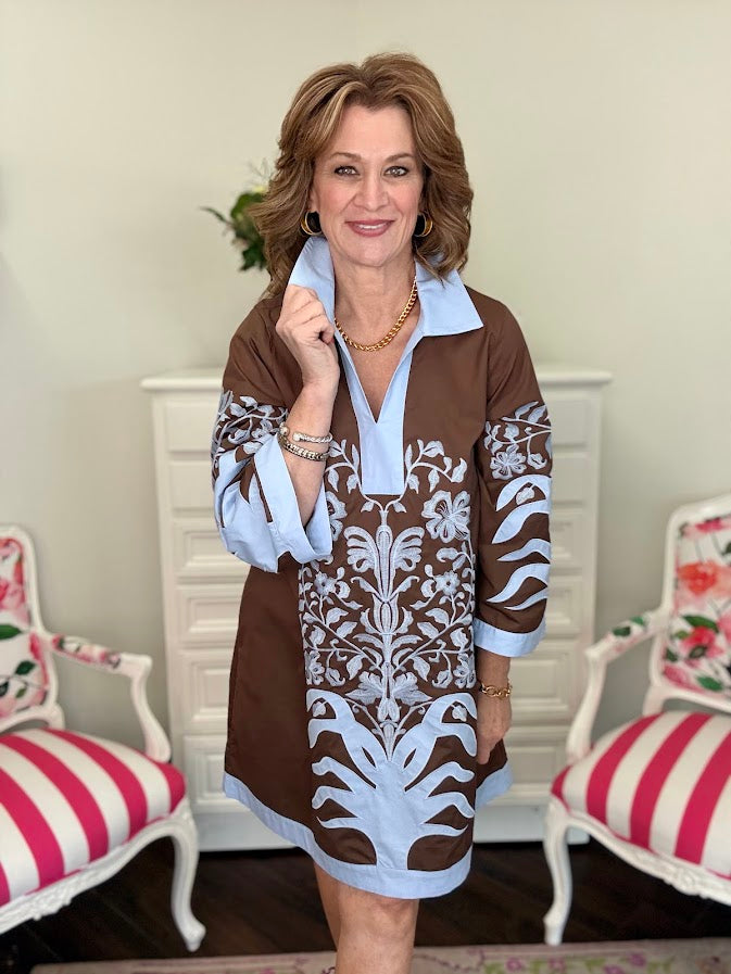 Breanna Baroque Floral Dress-Brown