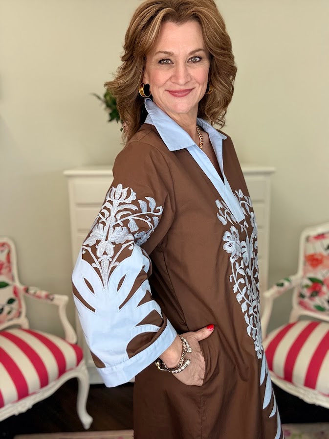 Breanna Baroque Floral Dress-Brown