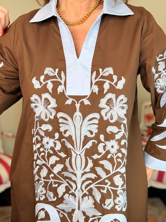 Breanna Baroque Floral Dress-Brown