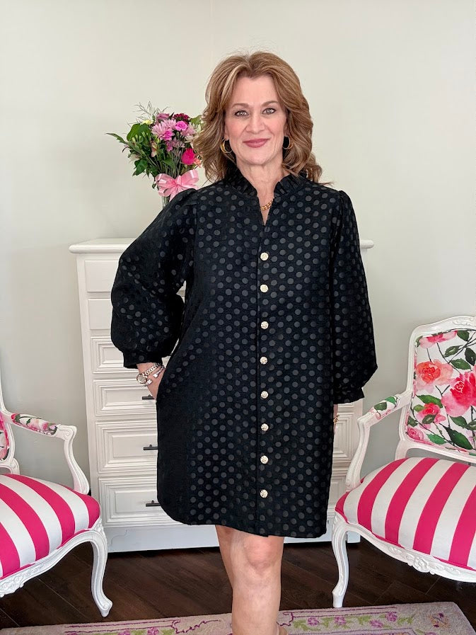 Midnight Metallic Polka Dot Dress-Black