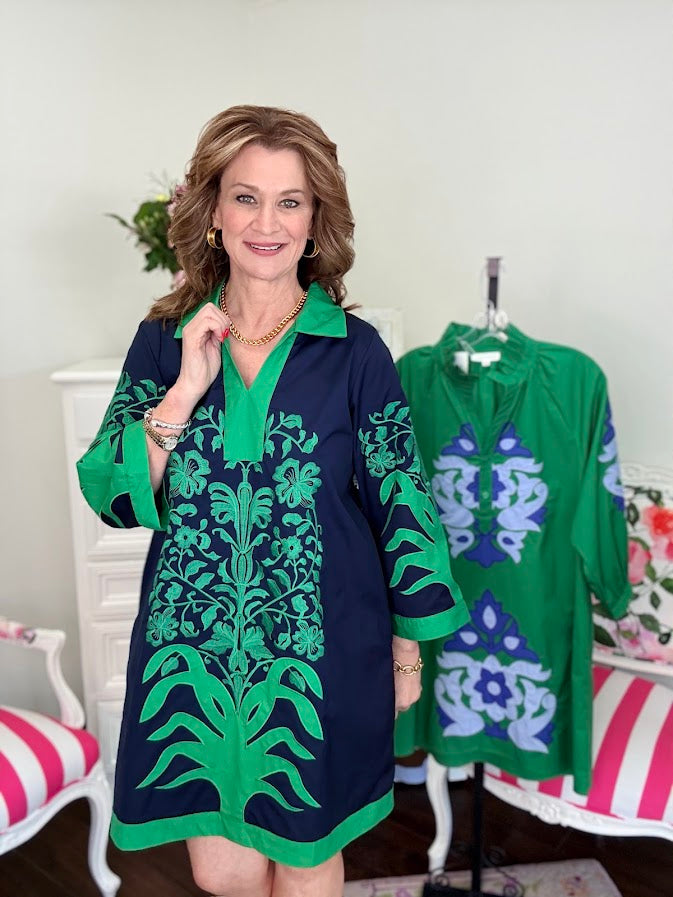 Breanna Baroque Floral Dress-Navy