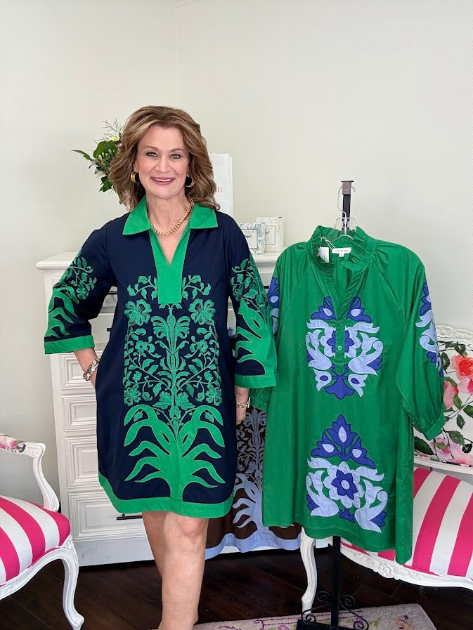Breanna Baroque Floral Dress-Navy