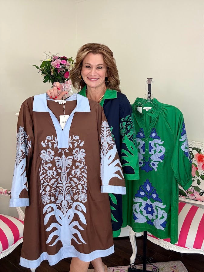 Kelly Baroque 3/4 Sleeve Mini Dress-Kelly Green