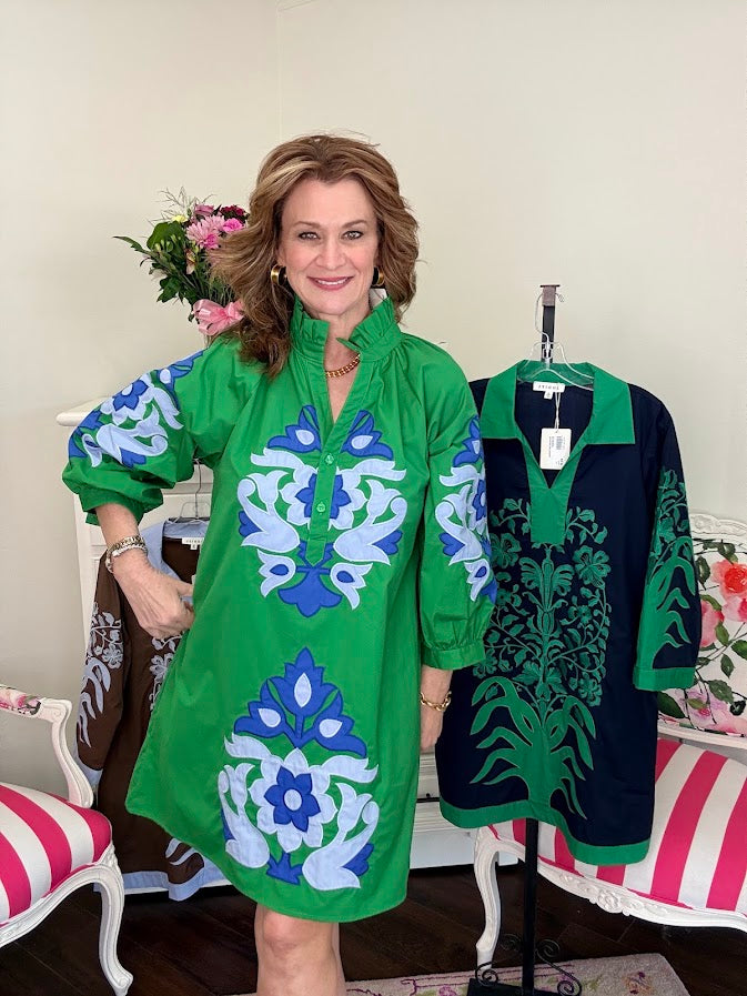 Kelly Baroque 3/4 Sleeve Mini Dress-Kelly Green
