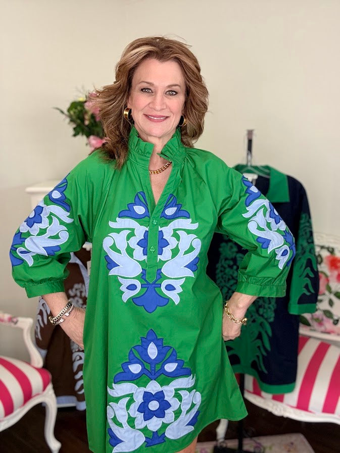 Kelly Baroque 3/4 Sleeve Mini Dress-Kelly Green