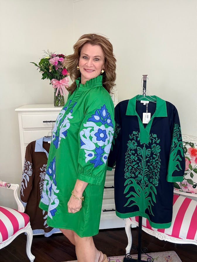 Kelly Baroque 3/4 Sleeve Mini Dress-Kelly Green