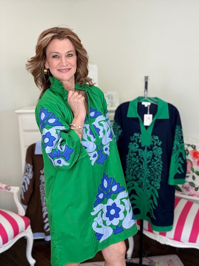 Kelly Baroque 3/4 Sleeve Mini Dress-Kelly Green