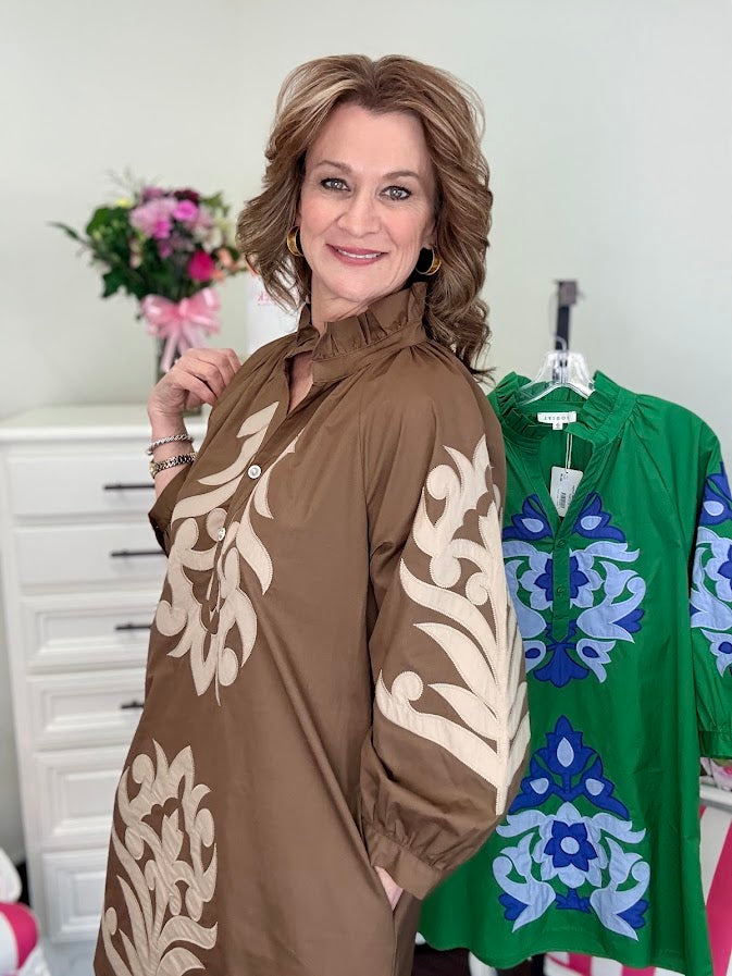 Baroque Floral Shift Dress-Brown