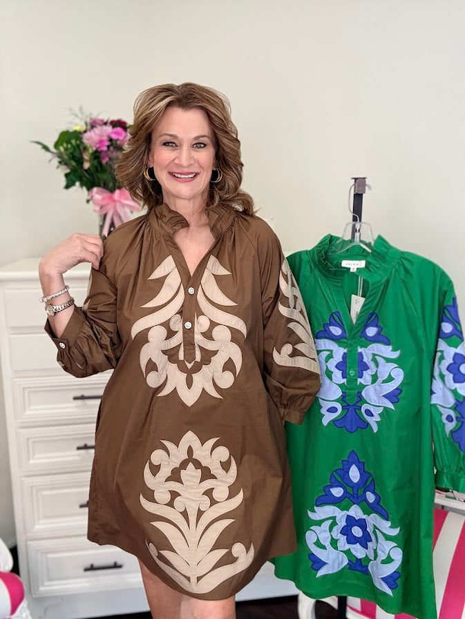 Baroque Floral Shift Dress-Brown