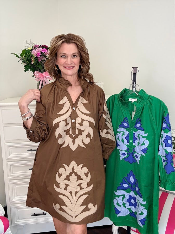Baroque Floral Shift Dress-Brown