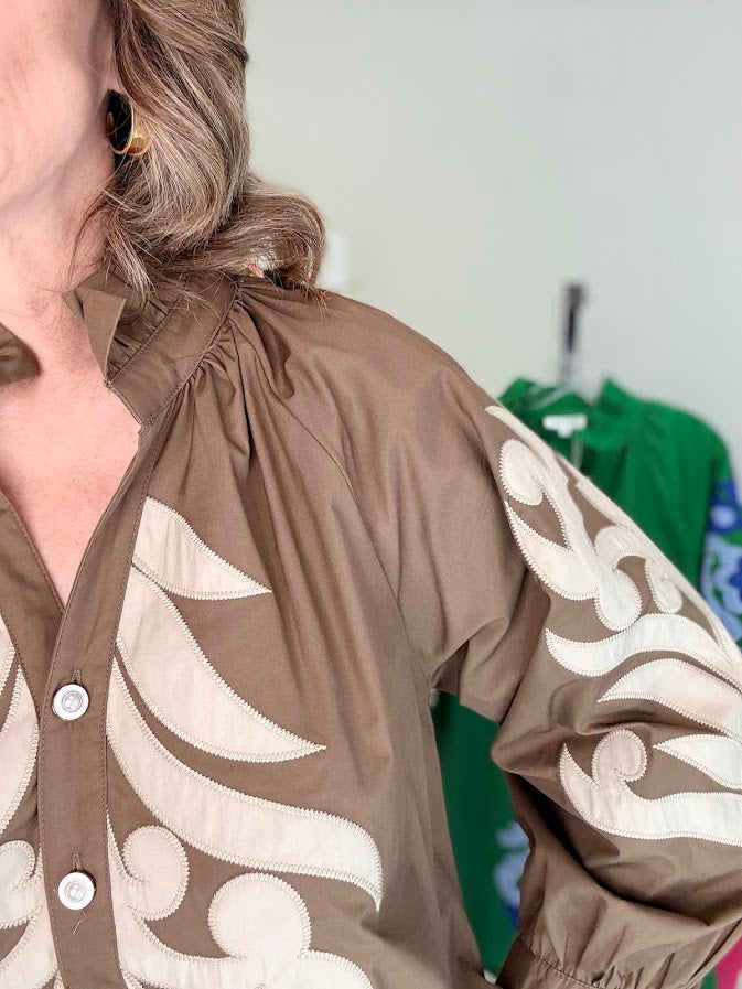 Baroque Floral Shift Dress-Brown
