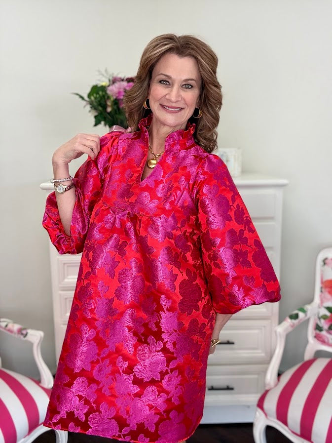 Floral Jacquard Caftan Dress- Tomato Red