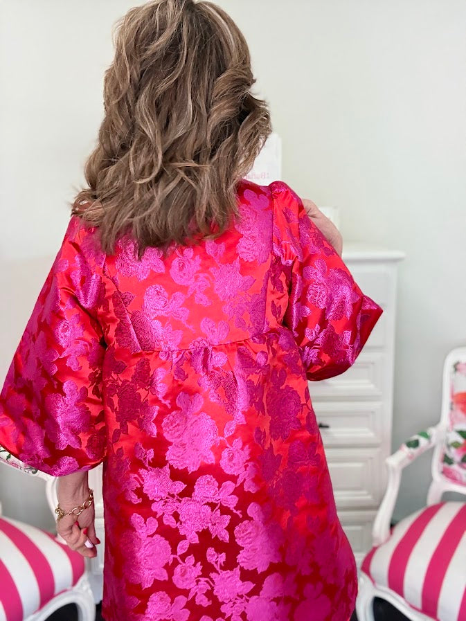 Floral Jacquard Caftan Dress- Tomato Red