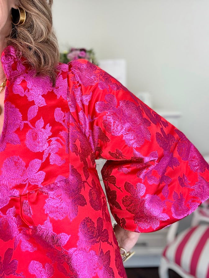Floral Jacquard Caftan Dress- Tomato Red