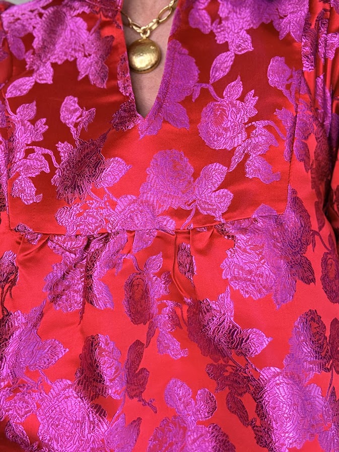 Floral Jacquard Caftan Dress- Tomato Red