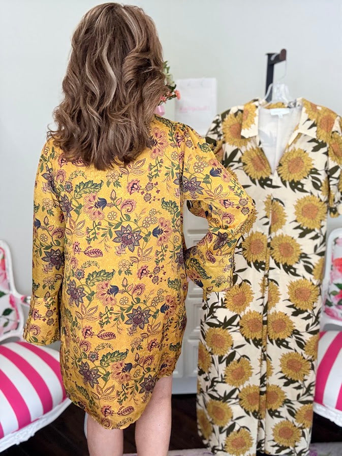 Golden Fields Boho Floral Dress-Golden Olive