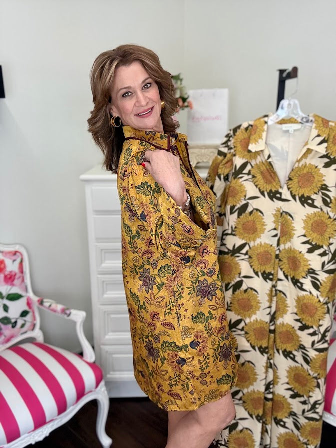 Golden Fields Boho Floral Dress-Golden Olive