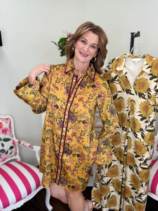 Golden Fields Boho Floral Dress-Golden Olive