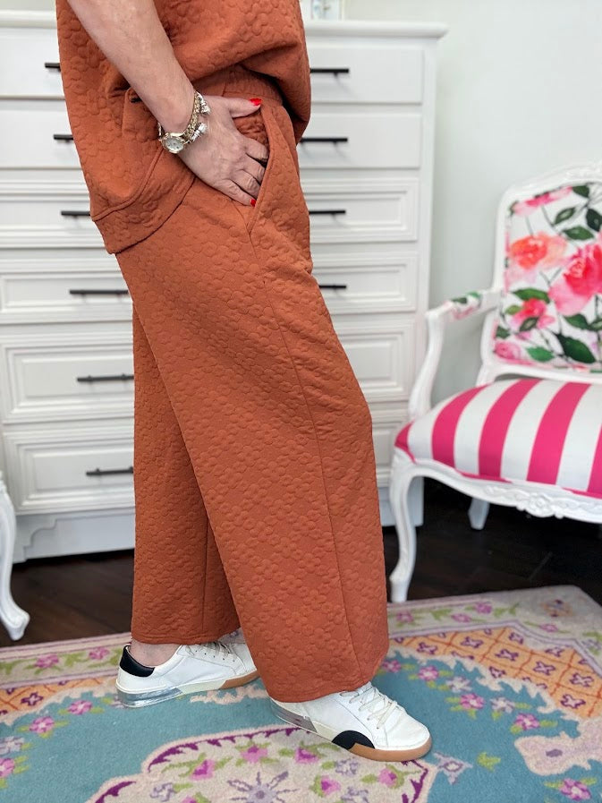 Flower Textured Cropped Wide Leg Pant-Brick