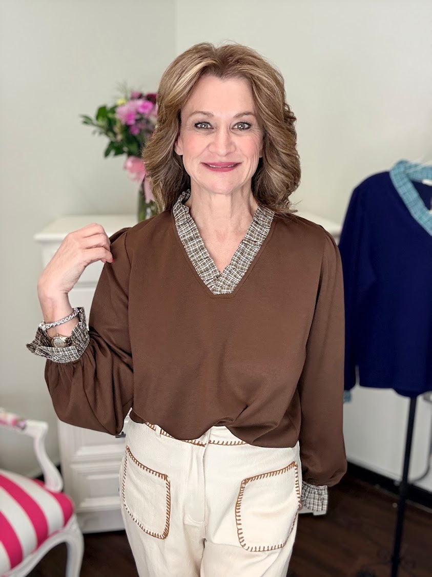Plaid Ruffle Top-Brown