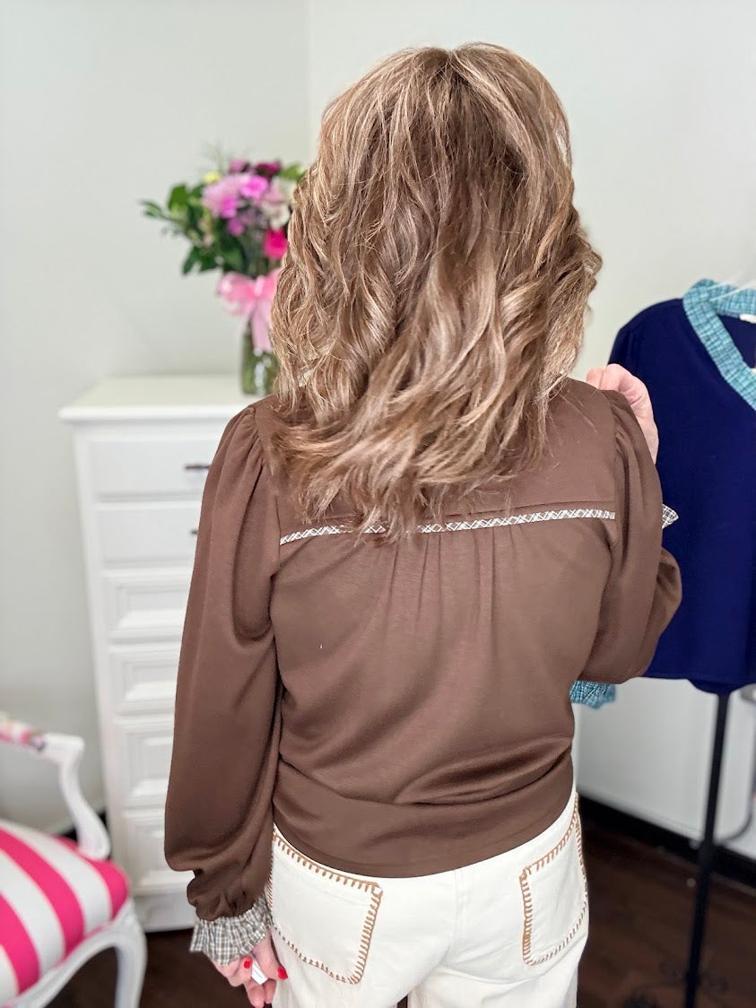 Plaid Ruffle Top-Brown