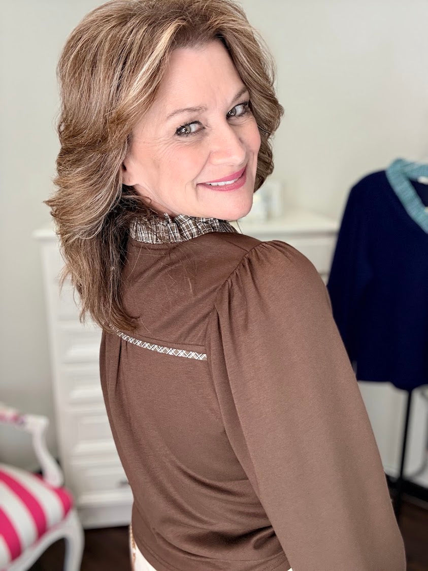 Plaid Ruffle Top-Brown