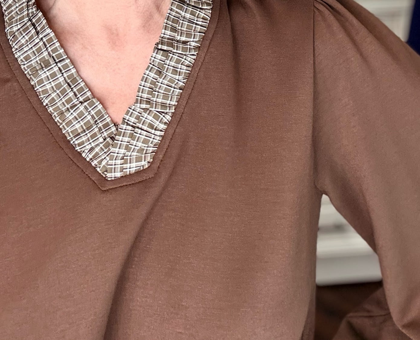Plaid Ruffle Top-Brown