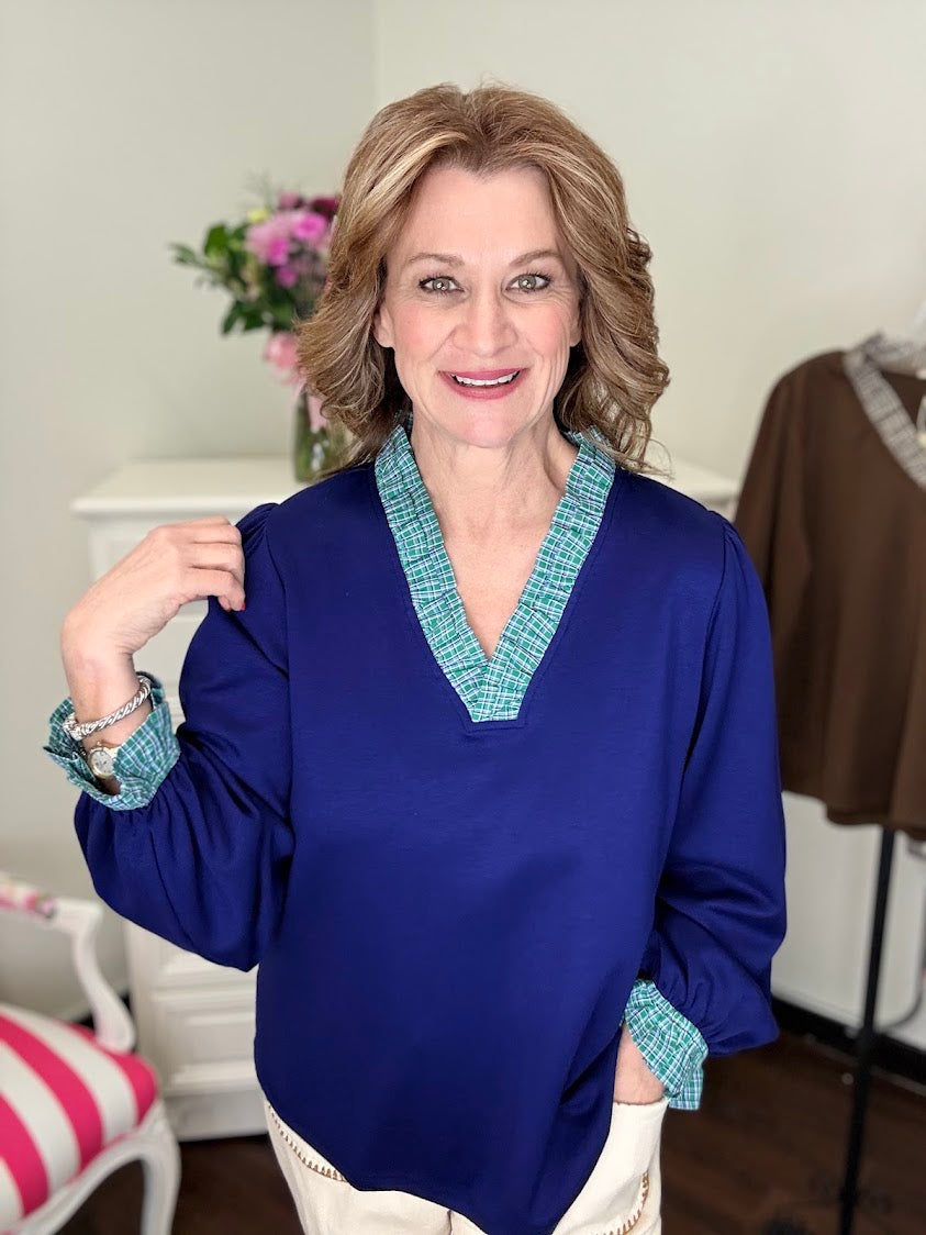 Plaid Ruffle Top- Navy